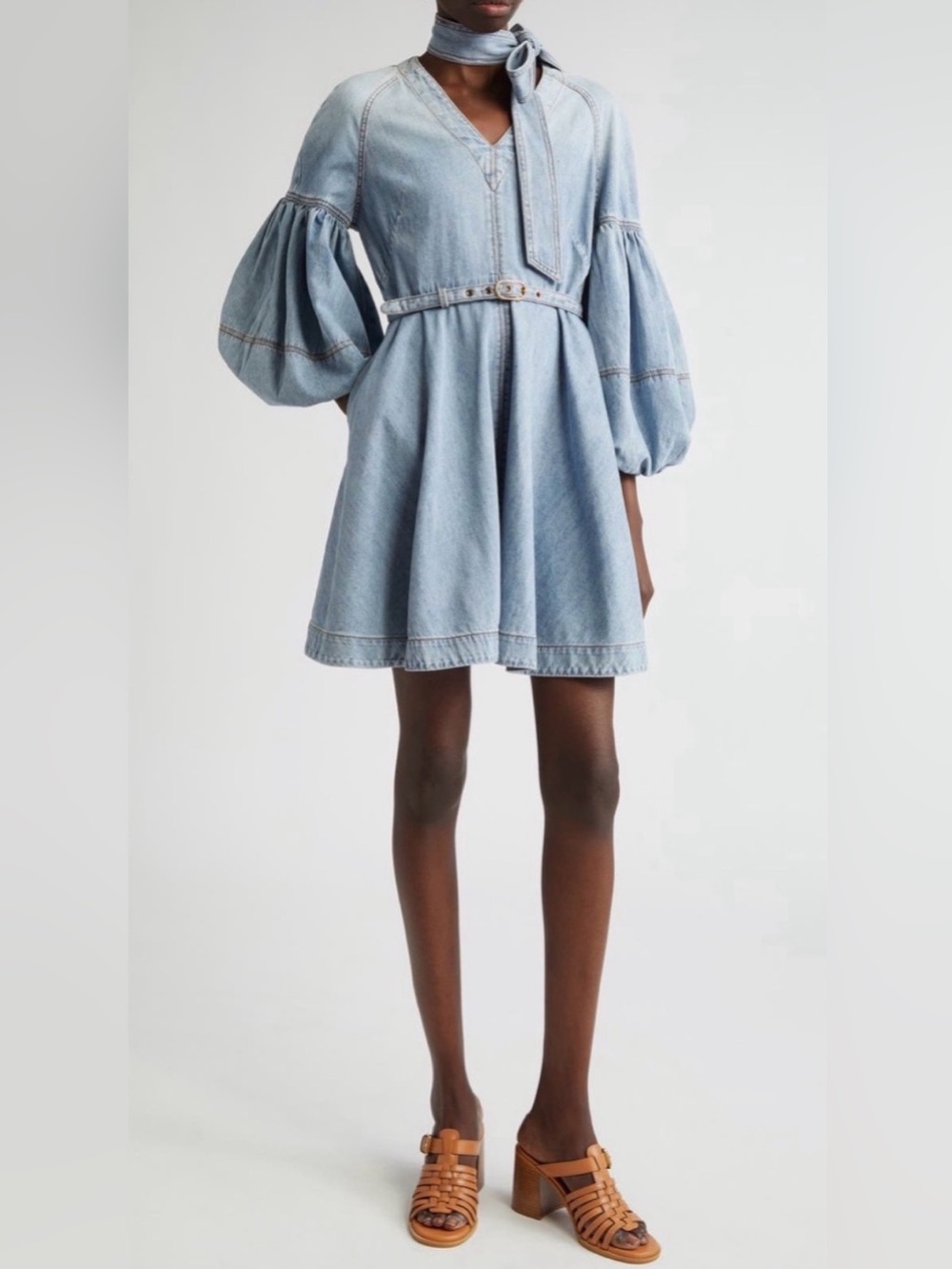NWOT Zimmermann Tie Neck Puff Sleeve Denim Dress w/ Belt 2 US8